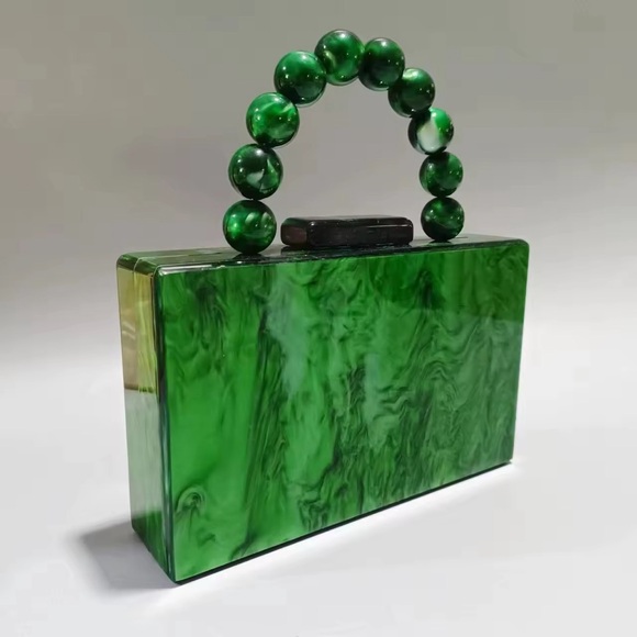 Handbags - Green Acrylic Box Clutch Handbag with Beaded Handle